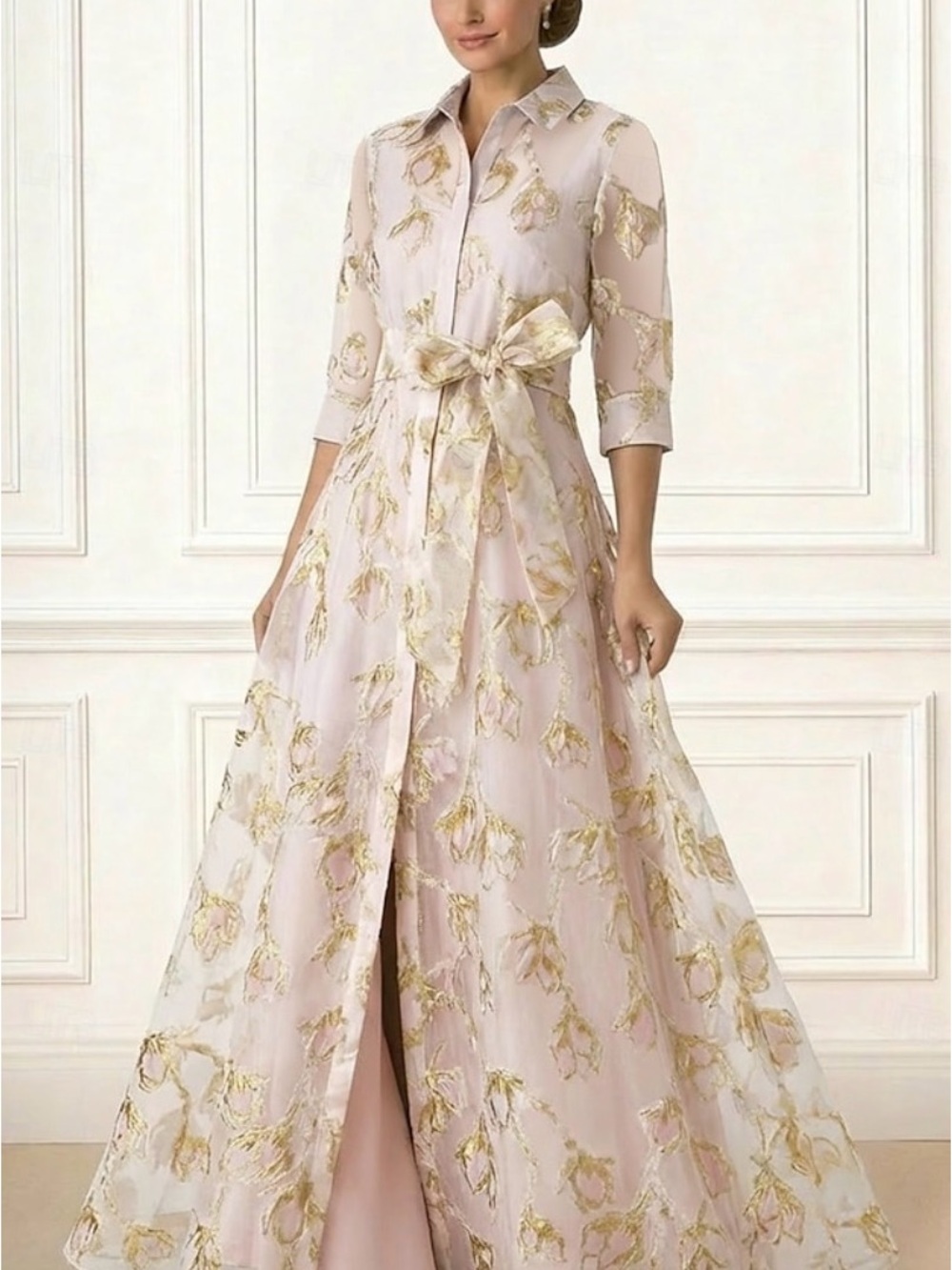 Blush Pink Metallic-Embroidered Maxi Shirt Dress with Tie Waist